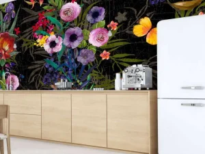 Sale Bloemen design met een zwarte achtergrond fotobehang Bloemen