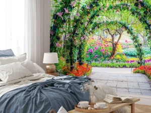 Discount Bloemenbogen in een parkje fotobehang Bloemen | 3d