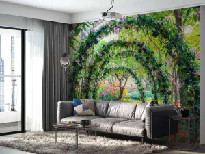 Discount Bloemenbogen in een parkje fotobehang Bloemen | 3d