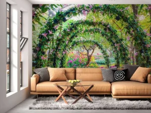 Discount Bloemenbogen in een parkje fotobehang Bloemen | 3d