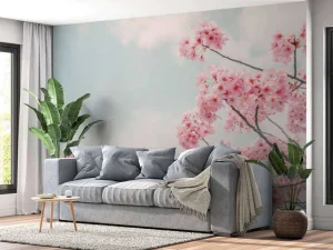 Online Bloesem met wolken op achtergrond fotobehang Bloemen