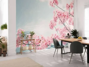 Online Bloesem met wolken op achtergrond fotobehang Bloemen