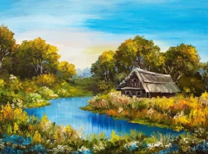 Fashion Boerderij aan een rivier schilderij fotobehang Kunst & Design