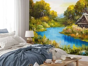 Fashion Boerderij aan een rivier schilderij fotobehang Kunst & Design