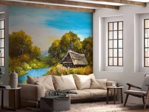Fashion Boerderij aan een rivier schilderij fotobehang Kunst & Design