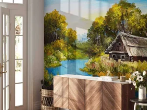 Fashion Boerderij aan een rivier schilderij fotobehang Kunst & Design