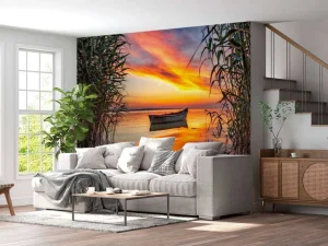 Sale Boot met riet in de avond fotobehang Bloemen
