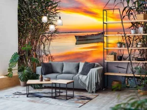 Sale Boot met riet in de avond fotobehang Bloemen