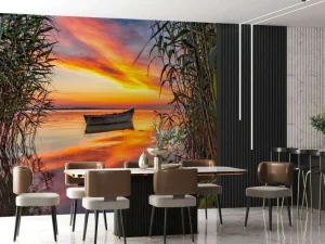 Sale Boot met riet in de avond fotobehang Bloemen