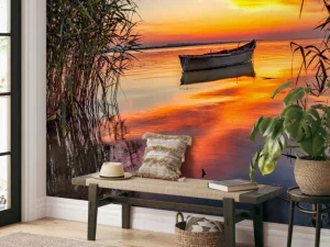 Sale Boot met riet in de avond fotobehang Bloemen