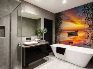 Sale Boot met riet in de avond fotobehang Bloemen