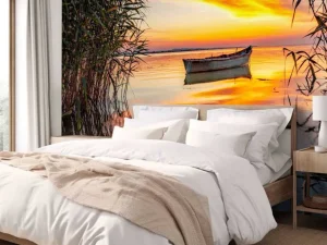 Sale Boot met riet in de avond fotobehang Bloemen