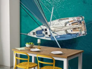 Hot Bovenaanzicht van een zeilboot fotobehang Tienerkamer | Transport