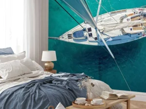 Hot Bovenaanzicht van een zeilboot fotobehang Tienerkamer | Transport