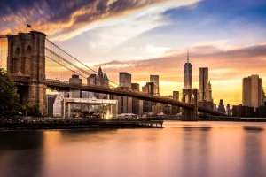 Outlet Brooklyn Bridge bij zonsondergang fotobehang Architectuur