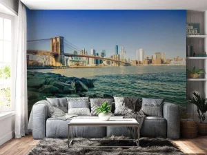 Clearance Brooklyn Bridge met een skyline op de achtergrond fotobehang Architectuur
