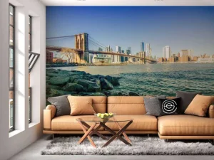 Clearance Brooklyn Bridge met een skyline op de achtergrond fotobehang Architectuur