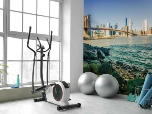 Clearance Brooklyn Bridge met een skyline op de achtergrond fotobehang Architectuur