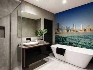 Clearance Brooklyn Bridge met een skyline op de achtergrond fotobehang Architectuur