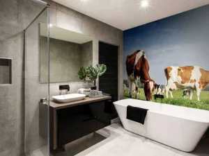 Hot Bruin Witte Koeien aan het grazen in de weide fotobehang Dieren