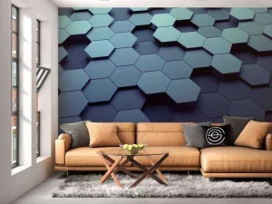 Sale 3D weergave van blauwe zeshoeken fotobehang Computerkamer | Kunst & Design