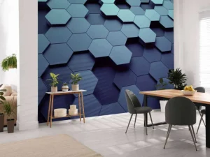 Sale 3D weergave van blauwe zeshoeken fotobehang Computerkamer | Kunst & Design