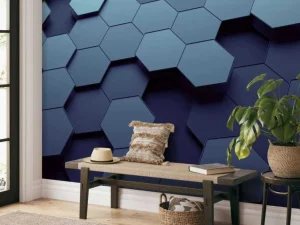 Sale 3D weergave van blauwe zeshoeken fotobehang Computerkamer | Kunst & Design