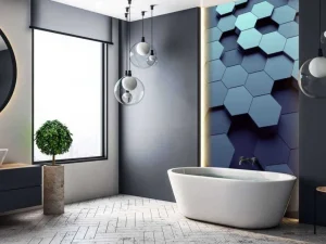 Sale 3D weergave van blauwe zeshoeken fotobehang Computerkamer | Kunst & Design