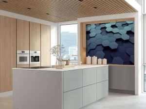 Sale 3D weergave van blauwe zeshoeken fotobehang Computerkamer | Kunst & Design