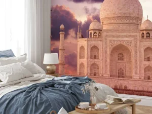 Online De Taj Mahal bij zonsondergang fotobehang Architectuur