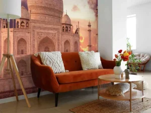 Online De Taj Mahal bij zonsondergang fotobehang Architectuur