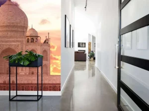 Online De Taj Mahal bij zonsondergang fotobehang Architectuur