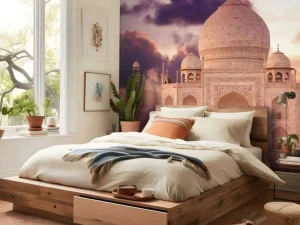 Online De Taj Mahal bij zonsondergang fotobehang Architectuur