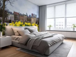 Clearance Den Haag met bloemen op de voorgrond fotobehang Steden | Architectuur