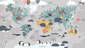 Fashion Dierlijke wereldkaart Kinderkamer | Dieren