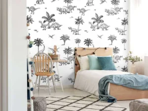 Online Dino patroon in zwart-wit Kinderkamer | Dieren