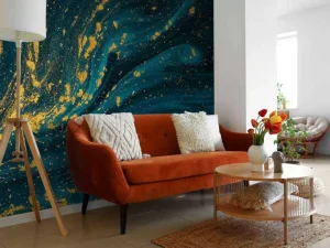Discount Donkerblauwe verf met goud fotobehang Oppervlakten
