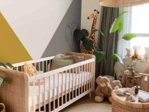 Online Driehoeken in okergeel en groen met olifant Kinderkamer | Dieren