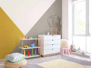 Online Driehoeken in okergeel en groen met olifant Kinderkamer | Dieren