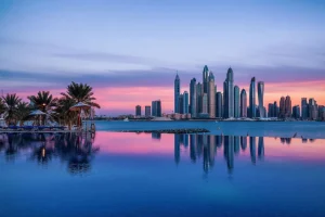 Clearance Dubai Marina bij zonsondergang fotobehang Steden | Architectuur