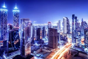 Clearance Dubai met een blauw effect fotobehang Architectuur