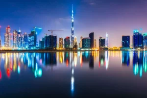 Best Dubai verlicht in de avond fotobehang Steden | Architectuur