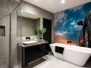 Outlet Een blauwe SUV met een unieke lucht op de achtergrond fotobehang Kinderkamer | Transport