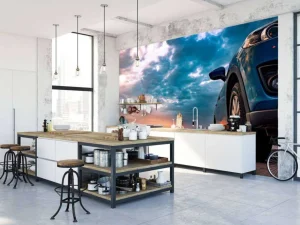 Outlet Een blauwe SUV met een unieke lucht op de achtergrond fotobehang Kinderkamer | Transport