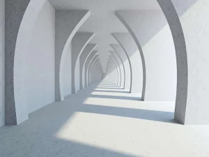 Fashion Een lange witte gang met grote zuilen fotobehang 3d