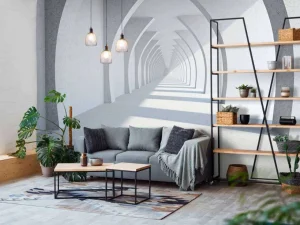 Fashion Een lange witte gang met grote zuilen fotobehang 3d