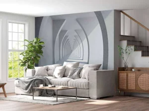 Fashion Een lange witte gang met grote zuilen fotobehang 3d