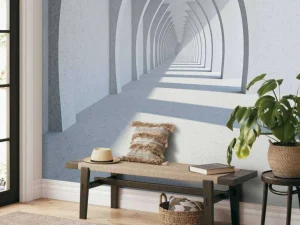 Fashion Een lange witte gang met grote zuilen fotobehang 3d