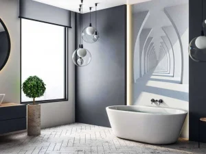 Fashion Een lange witte gang met grote zuilen fotobehang 3d