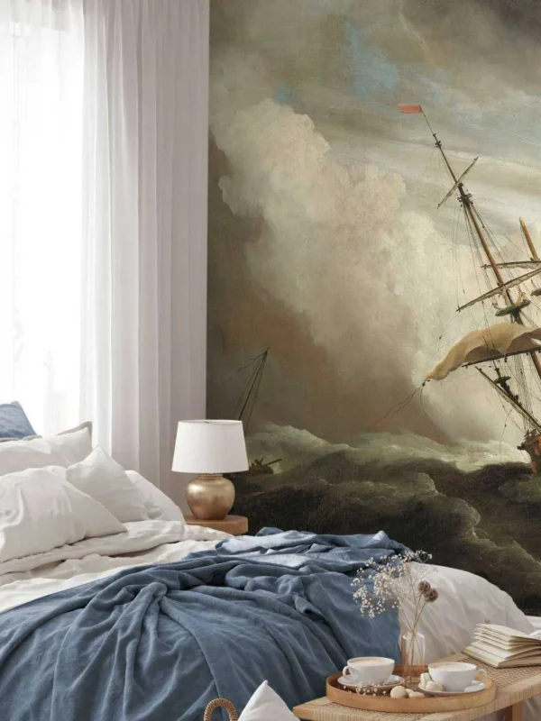 New Een schip in volle zee bij vliegende storm fotobehang Transport | Kunst & Design
